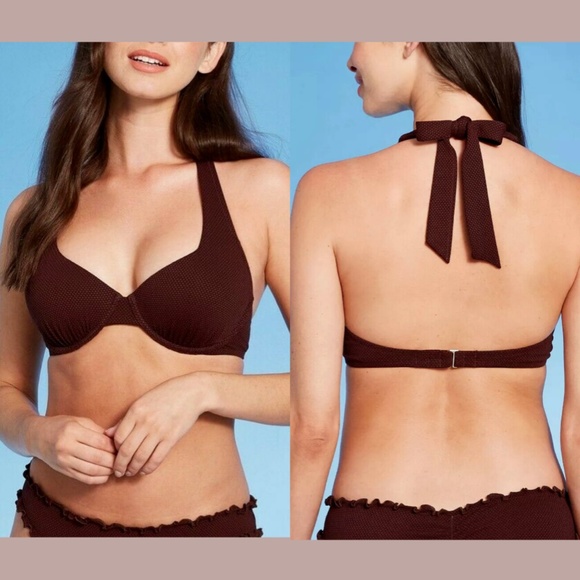 NWT Shade & Shore [ 36B ] Lift Pique Textured Halter Bikini Top Brown‎ - Picture 2 of 12